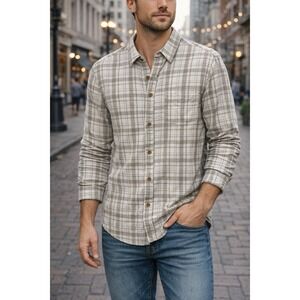 Lucky Brand Men's Plaid Linen Cotton Button Up Shirt Classic Fit Medium